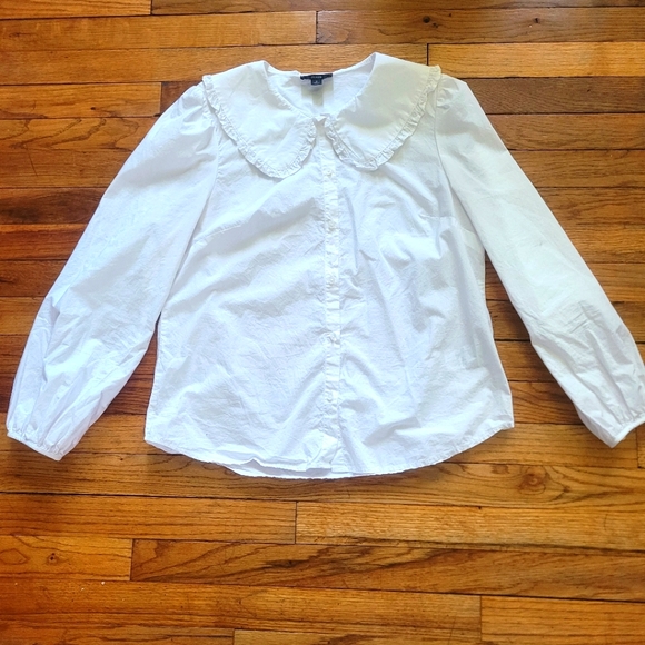J. Crew Tops - J. Crew White Ruffled Peter Pan Collar Button-Front Blouse